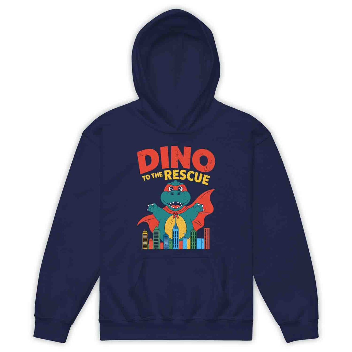 Dino to the Rescue Kids Superhero T-Shirt – Cute Dinosaur in Cape Cityscape for Boys & Girls Who Love Dinos & Adventure | PRODUCT CODE: DBNBUQWE