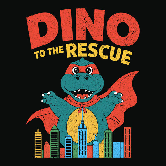 Dino to the Rescue Kids Superhero T-Shirt – Cute Dinosaur in Cape Cityscape for Boys & Girls Who Love Dinos & Adventure | PRODUCT CODE: DBNBUQWE