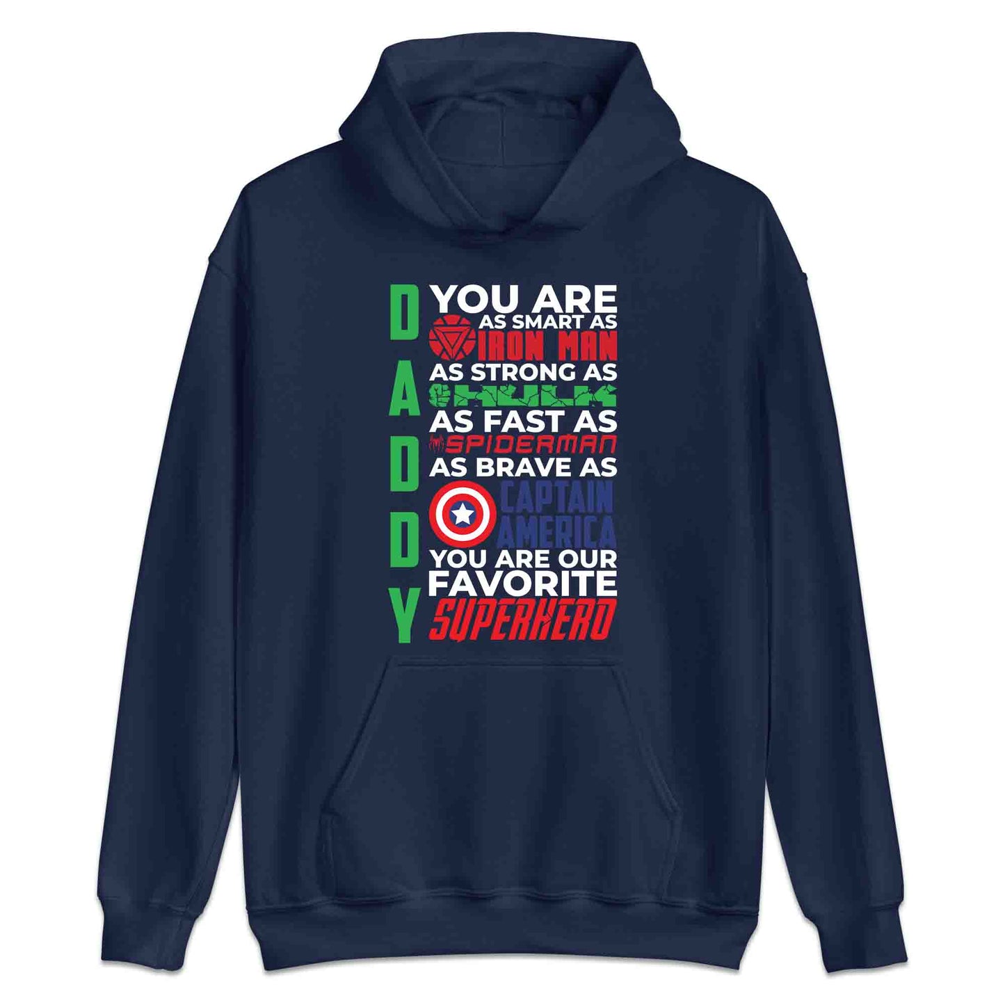 Daddy Superhero T-Shirt, Jumper & Hoodie – Marvel-Inspired Father’s Day Gift Featuring Iron Man, Hulk, Spider-Man & Captain America | PRODUCT CODE: DSBXCVTE