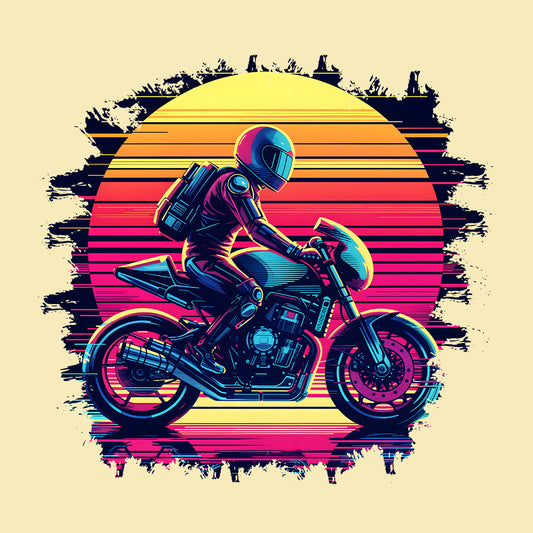 Epic Vibrant Retro Neon Sunset Motorcycle Rider Vintage Aesthetic | PRODUCT CODE: EPCBRVTBKNSUM