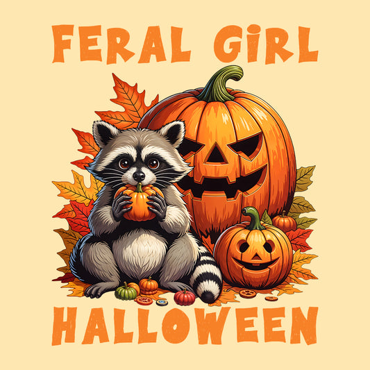 Feral Girl Halloween Spooky  Raccoon & Pumpkin Autumn  | PRODUCT CODE: FRGLEHWNE
