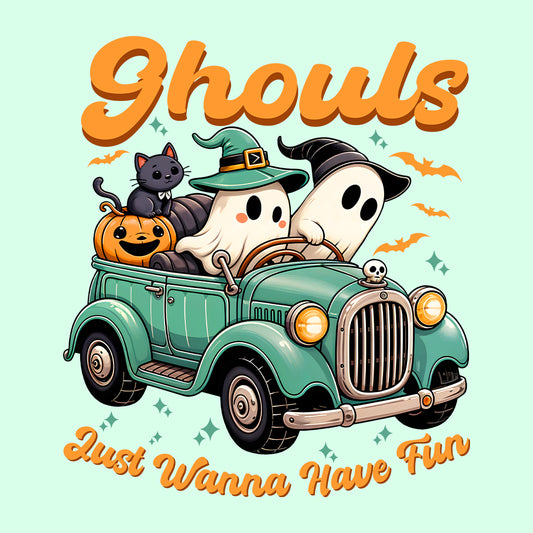 Halloween Ghosts Driving Vintage Car Pumpkin and Black Cat | PRODUCT CODE: GHJUWNHVF