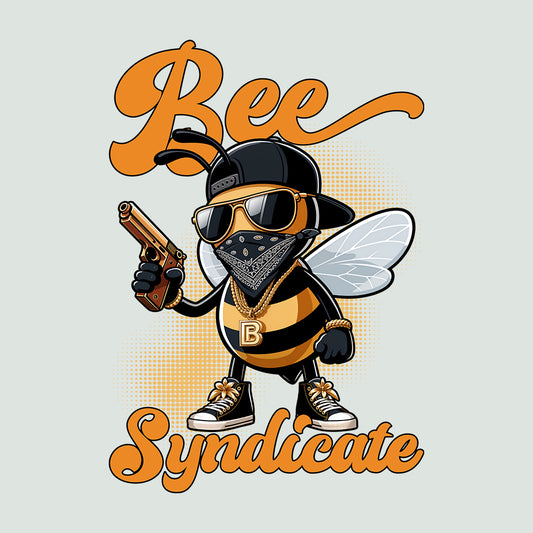 Gangster Bee Syndicate Urban Cartoon Bee Holding a Golden Gun | PRODUCT CODE: GNSBETSYNDCR