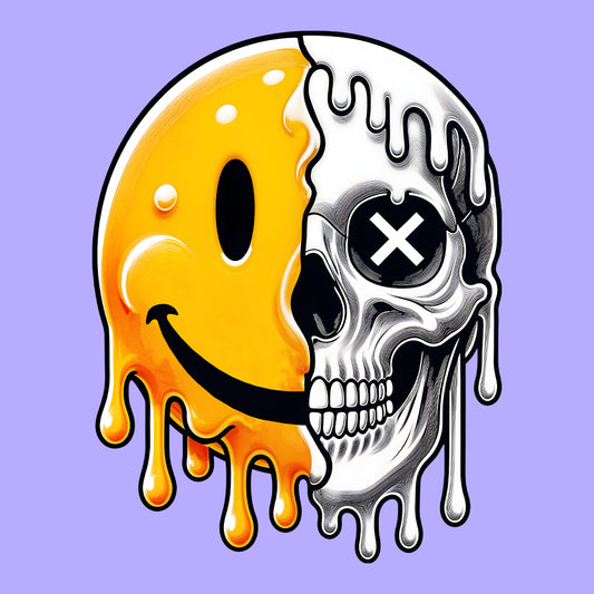 Half Smiley Half Skull Dripping Grunge Melting Art | PRODUCT CODE: HFLASKULDPRG