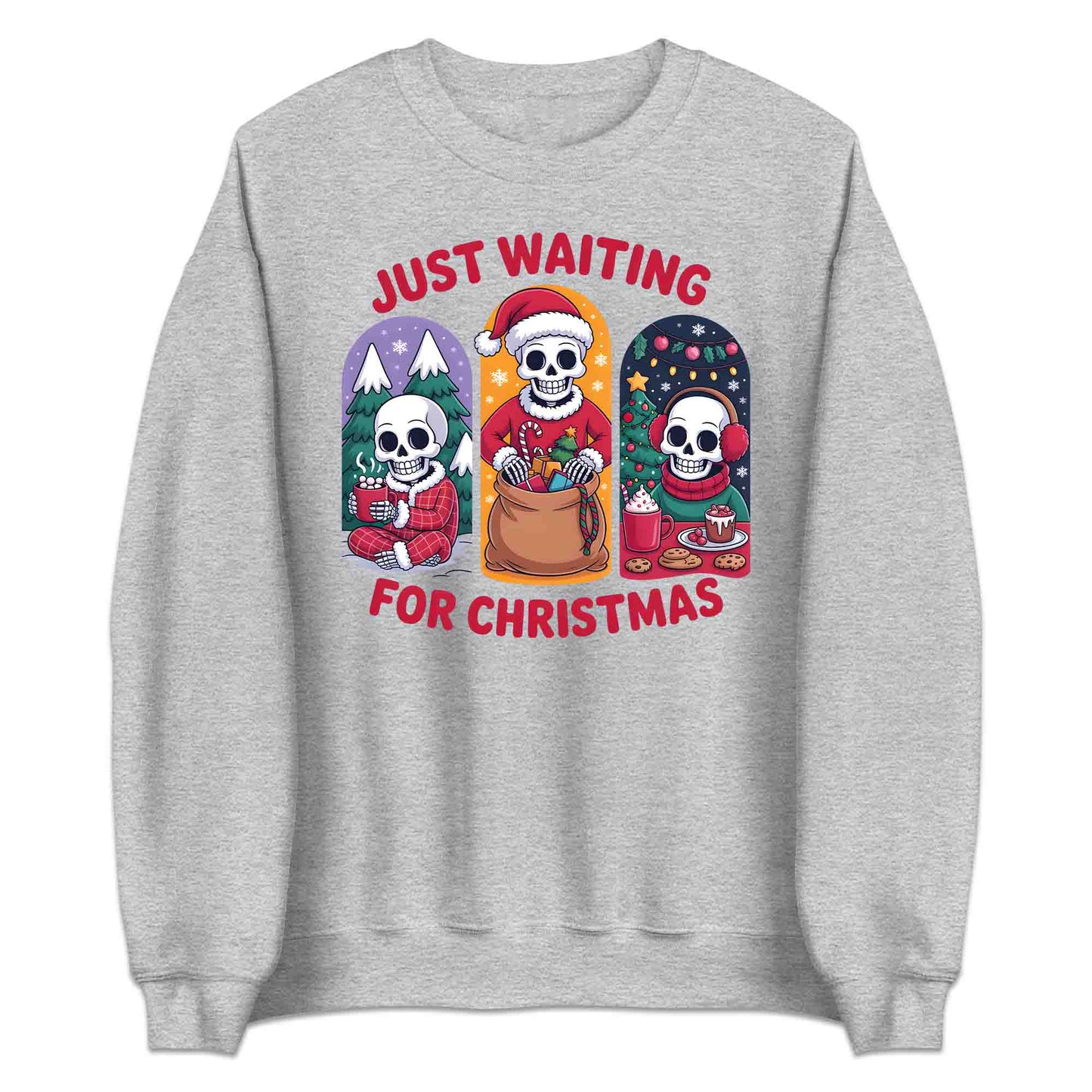 Just Waiting for Christmas Skeleton T-Shirt, Spooky Holiday Sweatshirt, Dark Humor Xmas Hoodie | PRODUCT CODE: HJSDGFEWQ