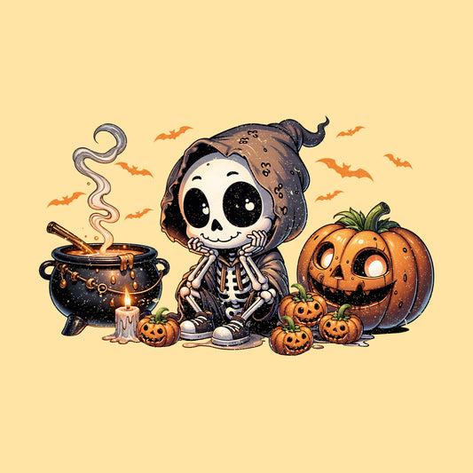 Halloween Cartoon Skeleton Cauldron & Pumpkins Spooky Flying Bats | PRODUCT CODE: HLWCRTOSKL