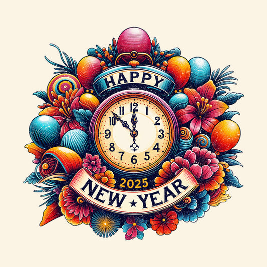 Happy New Year 2025 Vintage Countdown Retro Floral Clock NYE | PRODUCT CODE: HPYENWFVCUT