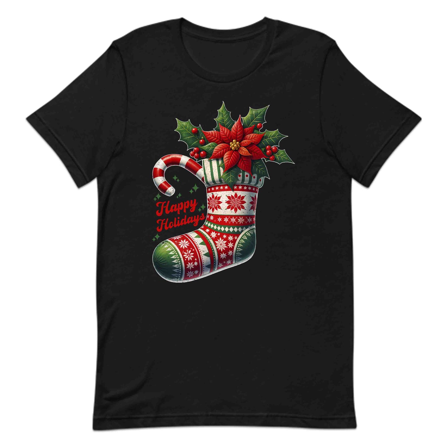 Happy Holidays Christmas Stocking Xmas Poinsettia Holly & Candy Cane | PRODUCT CODE: HPYLDSCHTCK