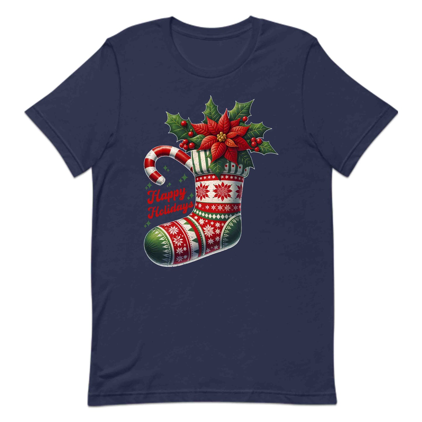 Happy Holidays Christmas Stocking Xmas Poinsettia Holly & Candy Cane | PRODUCT CODE: HPYLDSCHTCK