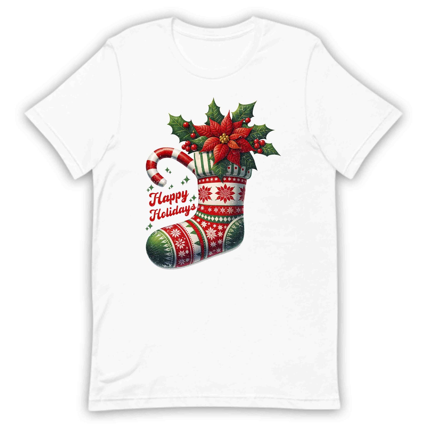 Happy Holidays Christmas Stocking Xmas Poinsettia Holly & Candy Cane | PRODUCT CODE: HPYLDSCHTCK