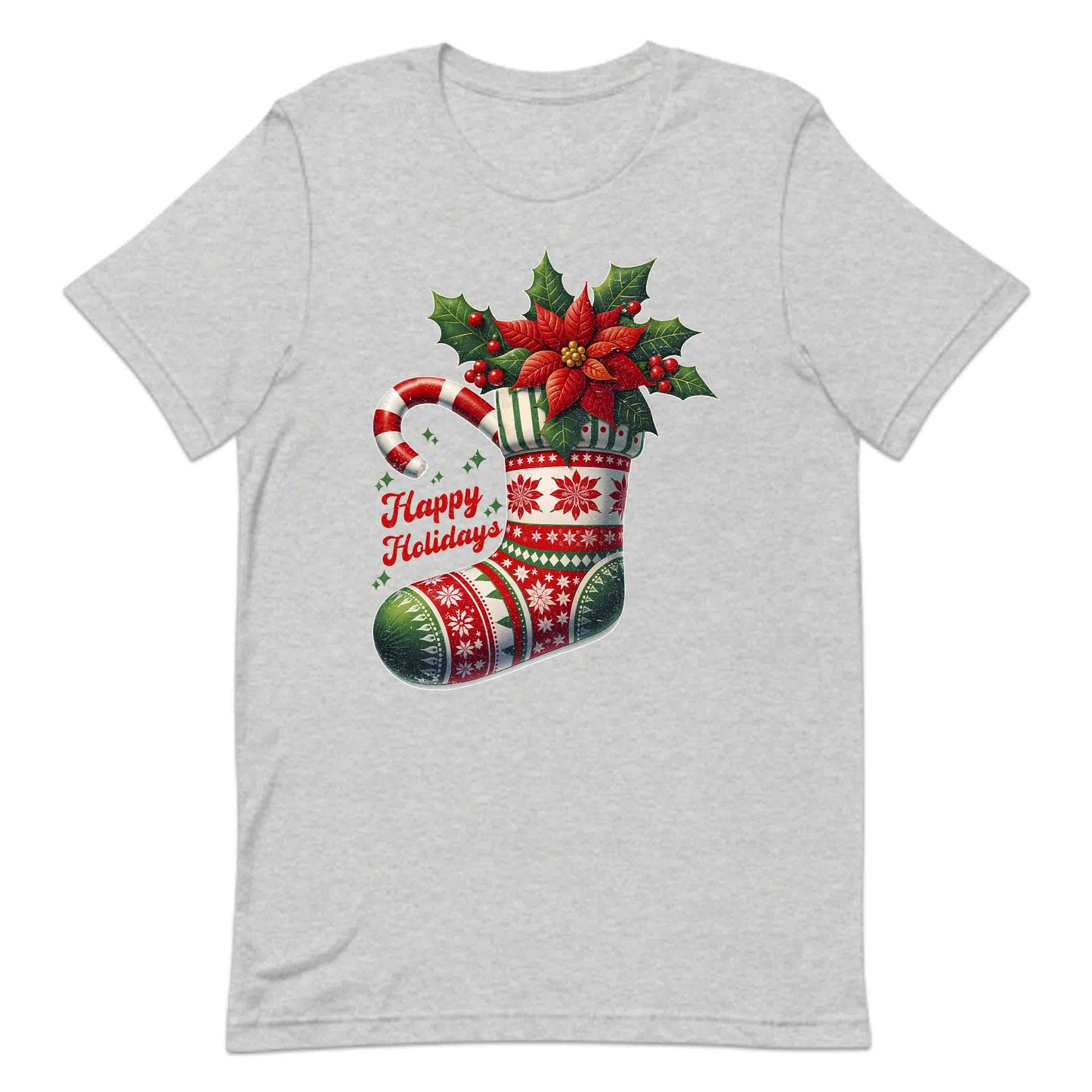 Happy Holidays Christmas Stocking Xmas Poinsettia Holly & Candy Cane | PRODUCT CODE: HPYLDSCHTCK