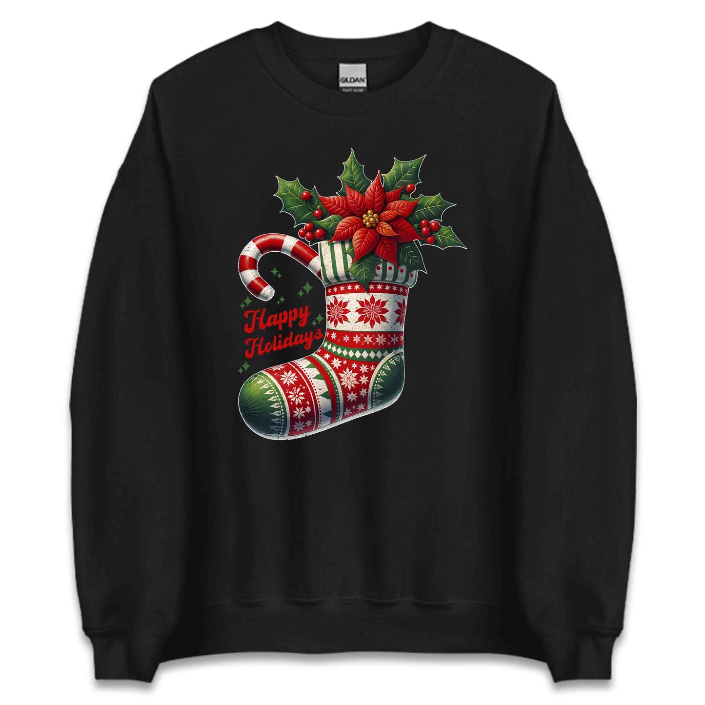 Happy Holidays Christmas Stocking Xmas Poinsettia Holly & Candy Cane | PRODUCT CODE: HPYLDSCHTCK