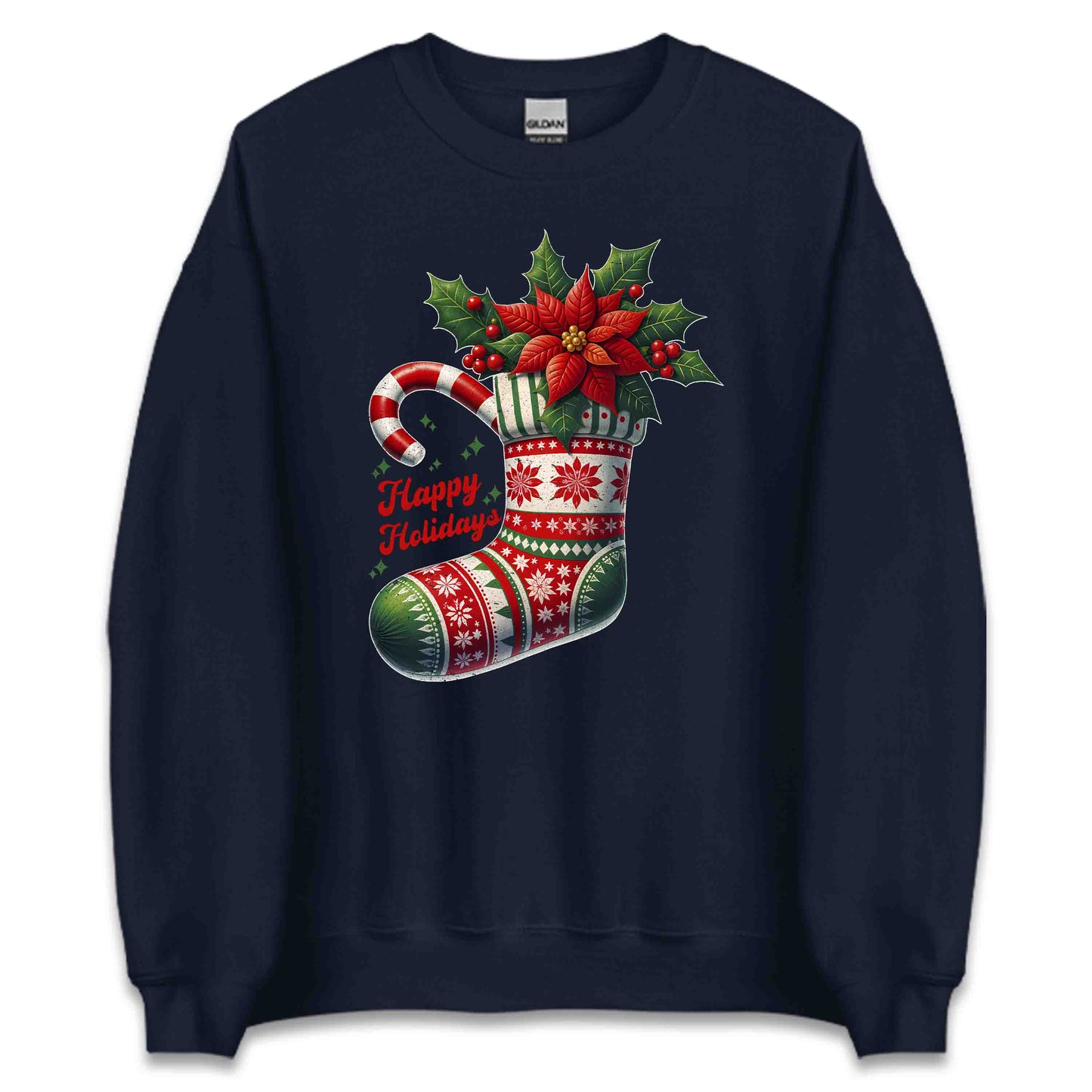 Happy Holidays Christmas Stocking Xmas Poinsettia Holly & Candy Cane | PRODUCT CODE: HPYLDSCHTCK