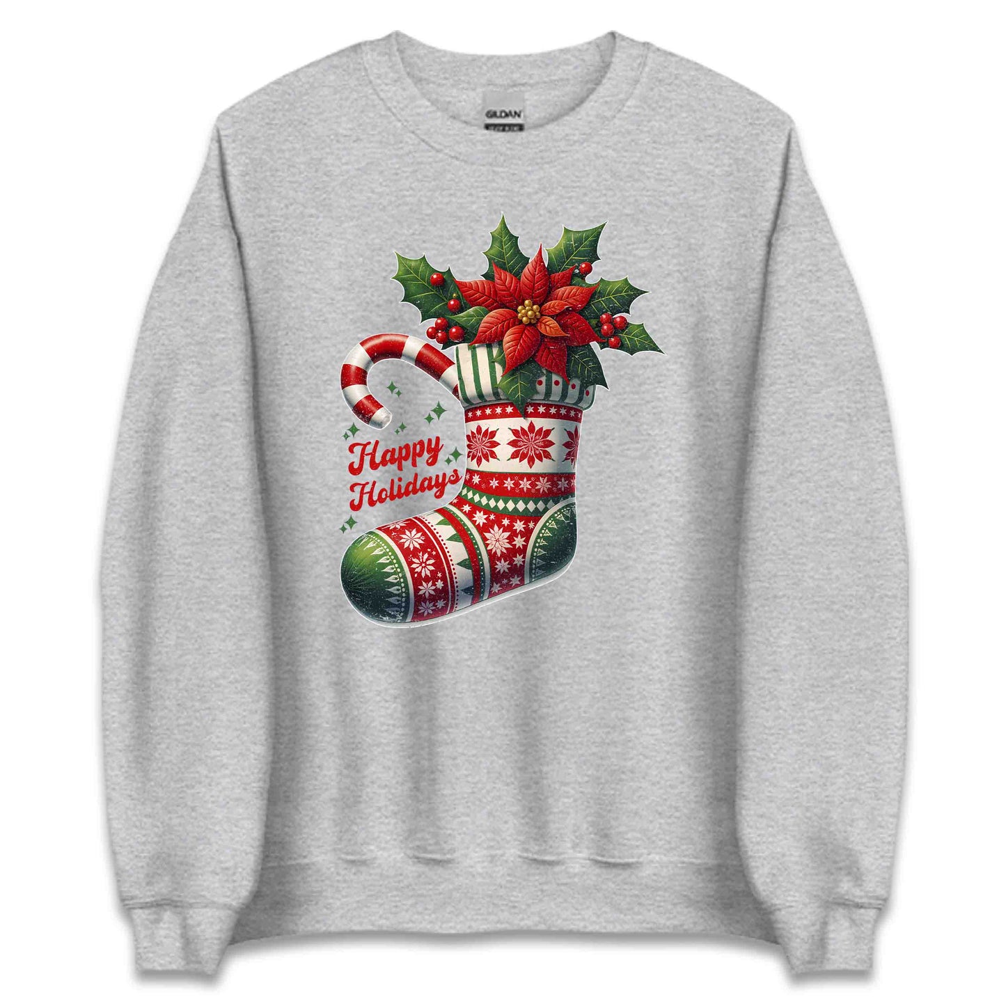 Happy Holidays Christmas Stocking Xmas Poinsettia Holly & Candy Cane | PRODUCT CODE: HPYLDSCHTCK