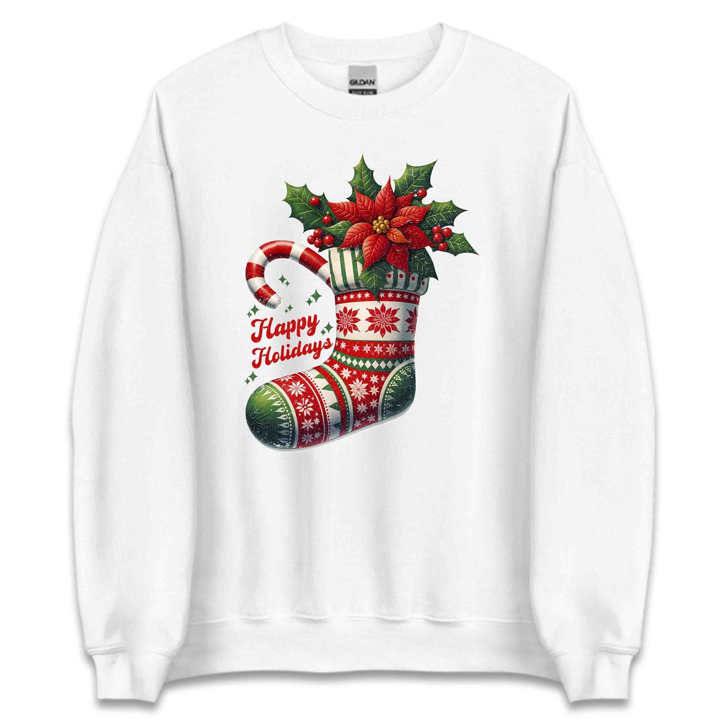 Happy Holidays Christmas Stocking Xmas Poinsettia Holly & Candy Cane | PRODUCT CODE: HPYLDSCHTCK