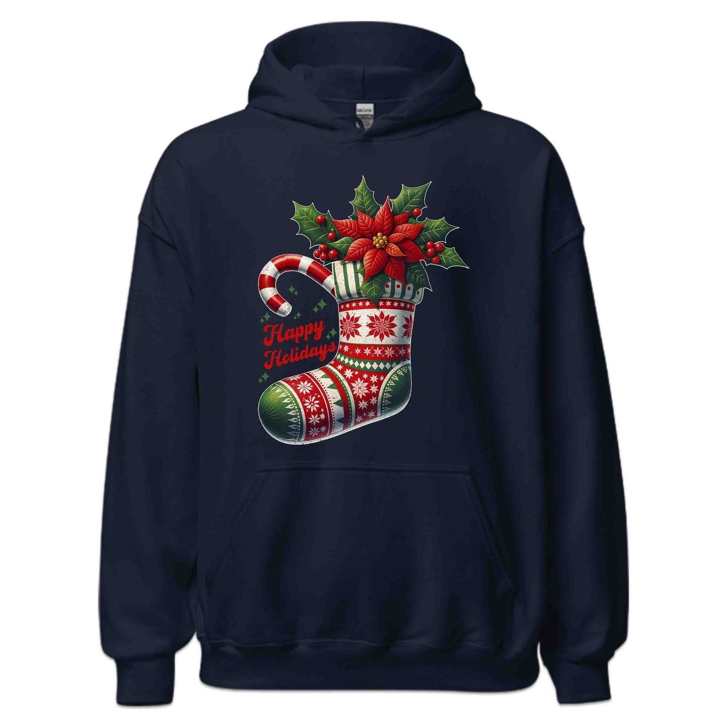 Happy Holidays Christmas Stocking Xmas Poinsettia Holly & Candy Cane | PRODUCT CODE: HPYLDSCHTCK