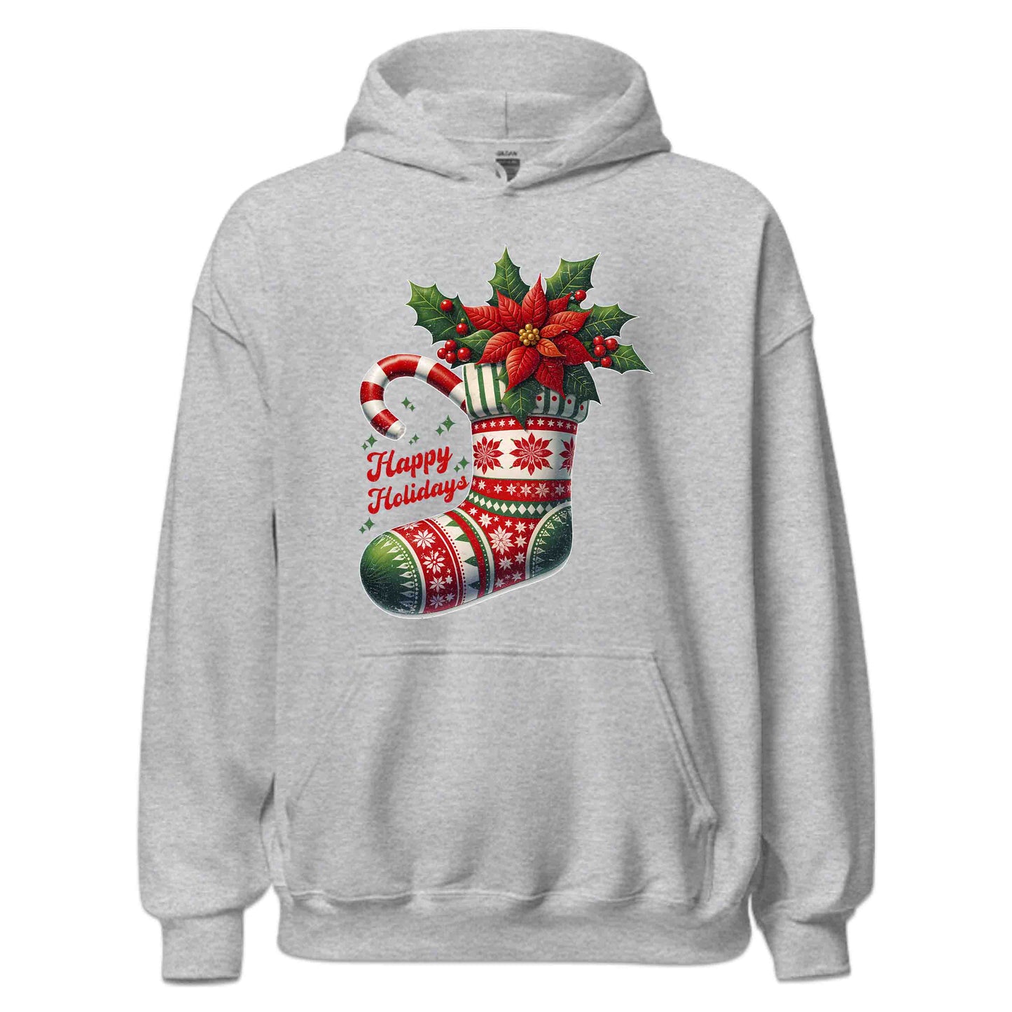Happy Holidays Christmas Stocking Xmas Poinsettia Holly & Candy Cane | PRODUCT CODE: HPYLDSCHTCK