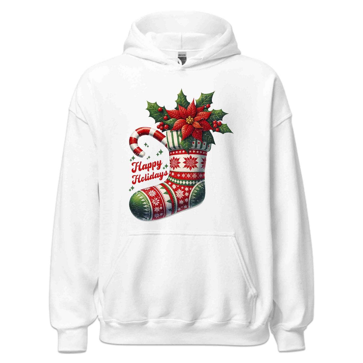 Happy Holidays Christmas Stocking Xmas Poinsettia Holly & Candy Cane | PRODUCT CODE: HPYLDSCHTCK
