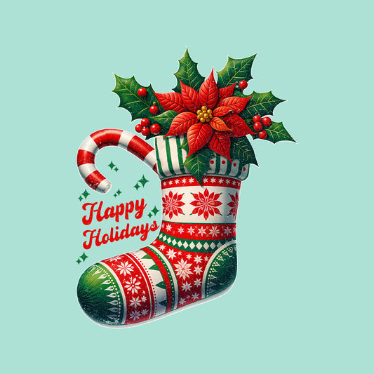 Happy Holidays Christmas Stocking Xmas Poinsettia Holly & Candy Cane | PRODUCT CODE: HPYLDSCHTCK
