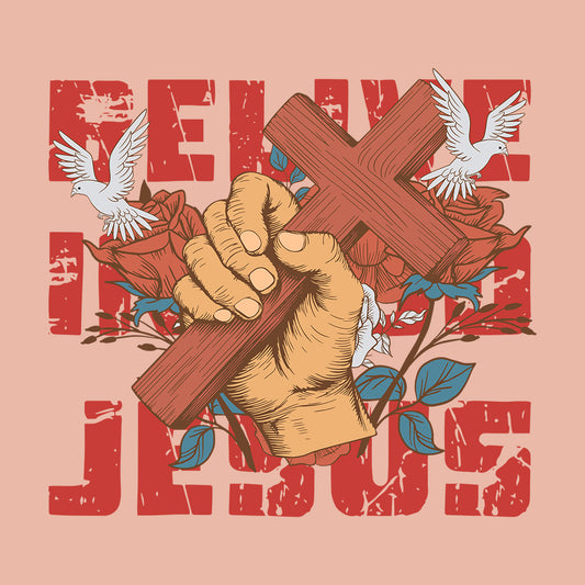 Believe in God Jesus Cross with Floral Accents and Doves Christian Faith  | PRODUCT CODE: HWQENSOAMN