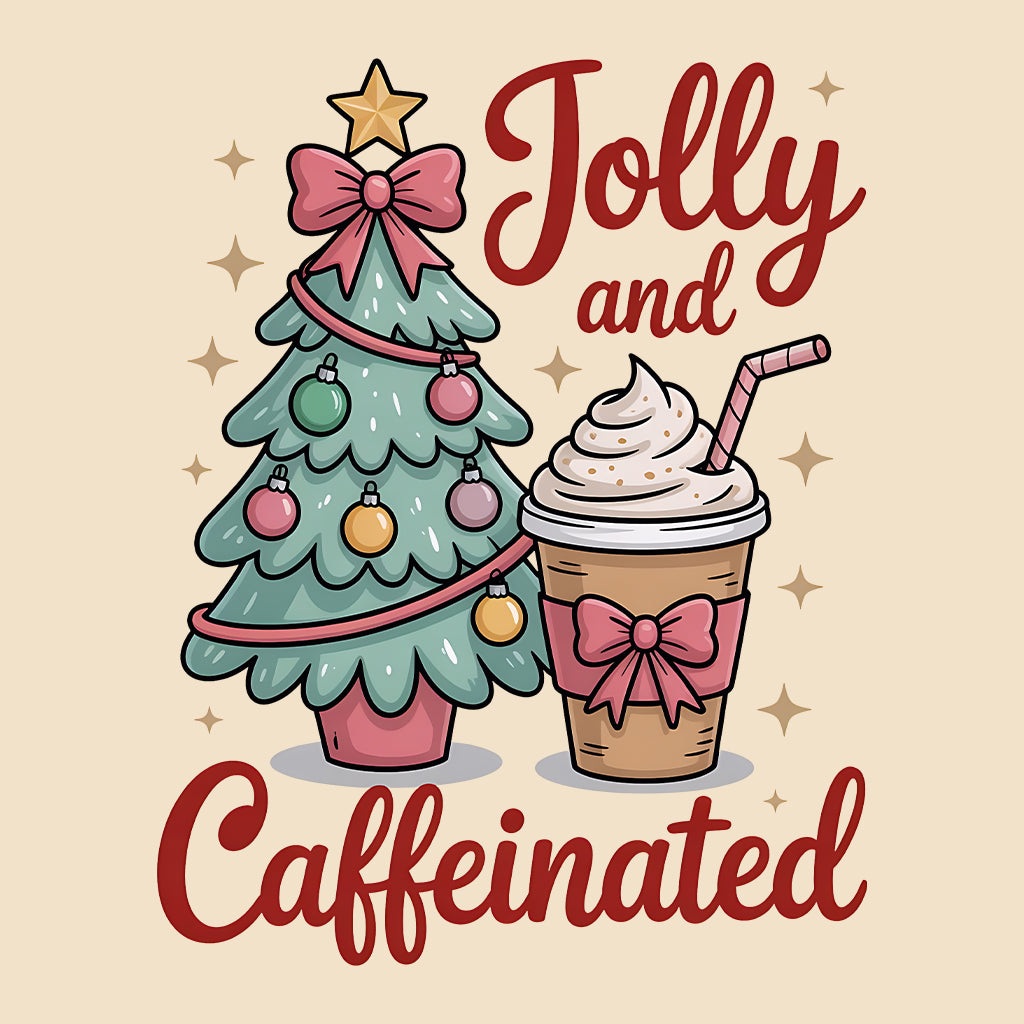 Jolly and Caffeinated Christmas Coffee T-Shirt, Festive Latte Sweatshirt, Barista Holiday Hoodie | PRODUCT CODE: JSDLKWETVU