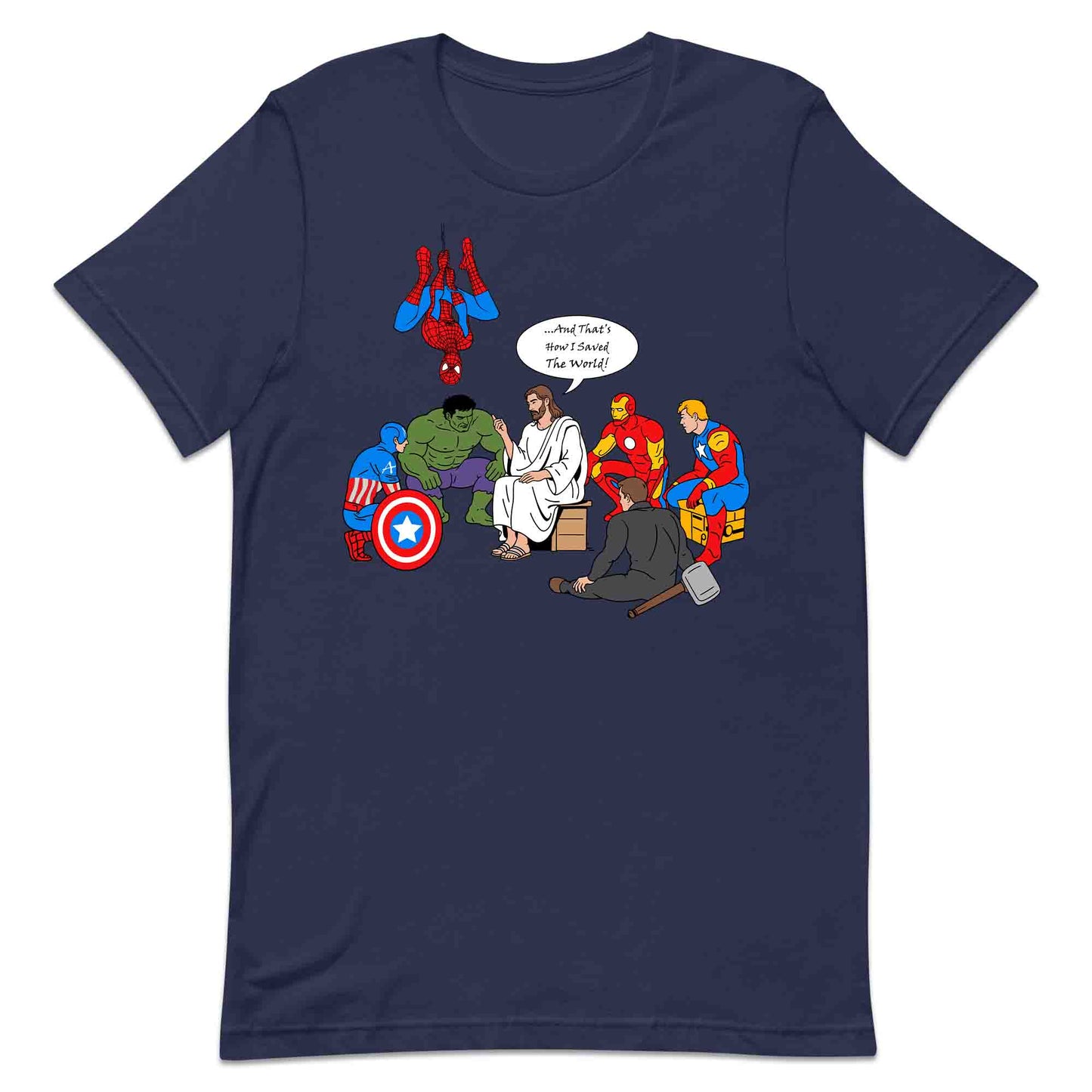 Jesus & Avengers Mashup T-Shirt, Jumper & Hoodie – Christian Marvel Meme Where Faith Meets Fandom with Superhero Humor | PRODUCT CODE: JUDSQAZMLA