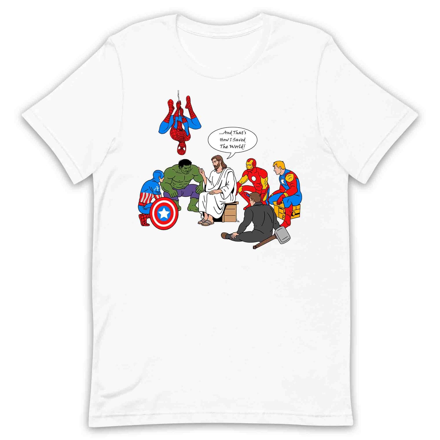 Jesus & Avengers Mashup T-Shirt, Jumper & Hoodie – Christian Marvel Meme Where Faith Meets Fandom with Superhero Humor | PRODUCT CODE: JUDSQAZMLA