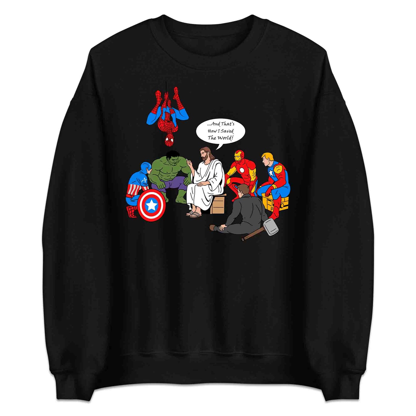 Jesus & Avengers Mashup T-Shirt, Jumper & Hoodie – Christian Marvel Meme Where Faith Meets Fandom with Superhero Humor | PRODUCT CODE: JUDSQAZMLA