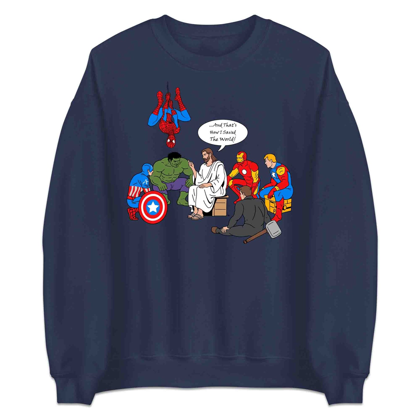 Jesus & Avengers Mashup T-Shirt, Jumper & Hoodie – Christian Marvel Meme Where Faith Meets Fandom with Superhero Humor | PRODUCT CODE: JUDSQAZMLA