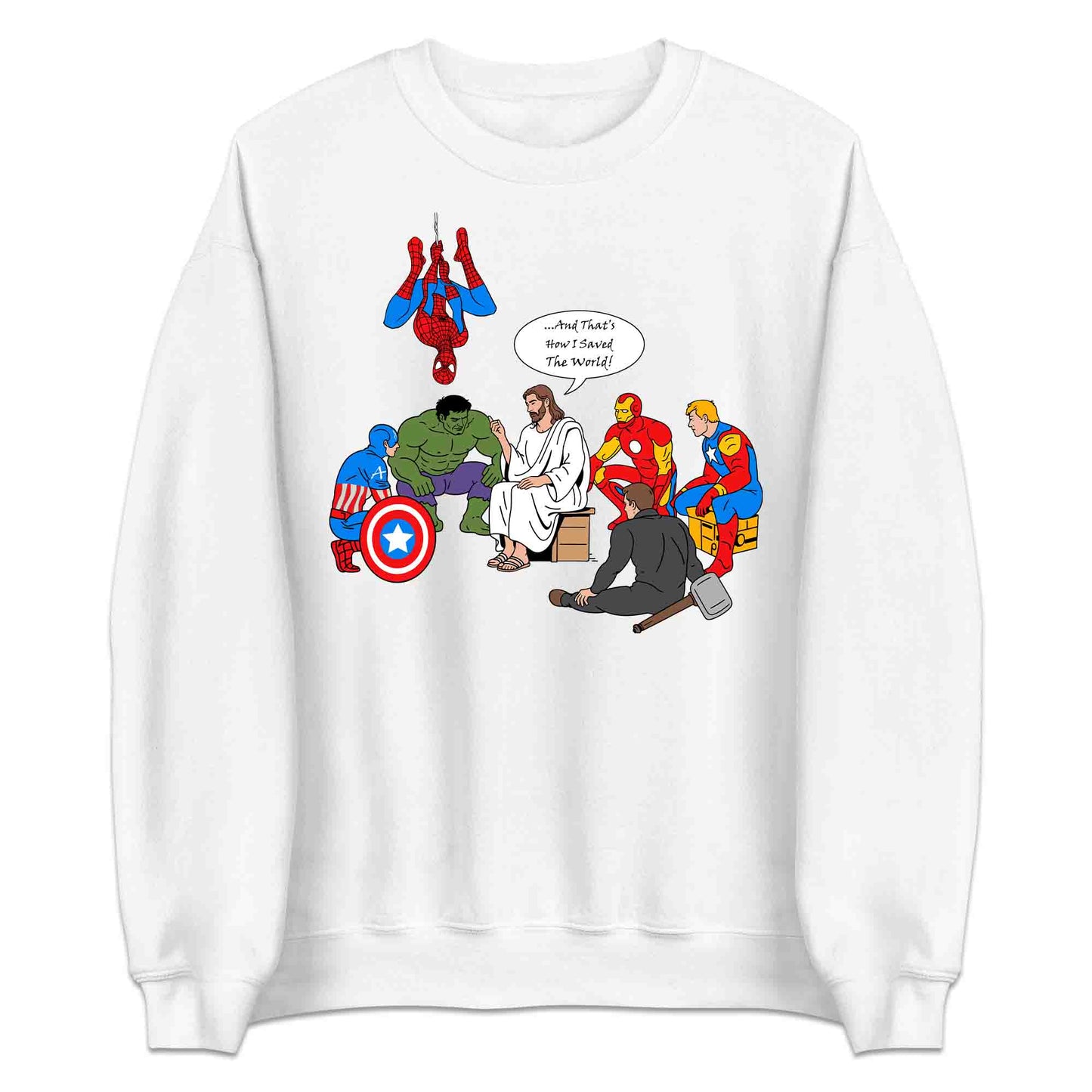 Jesus & Avengers Mashup T-Shirt, Jumper & Hoodie – Christian Marvel Meme Where Faith Meets Fandom with Superhero Humor | PRODUCT CODE: JUDSQAZMLA
