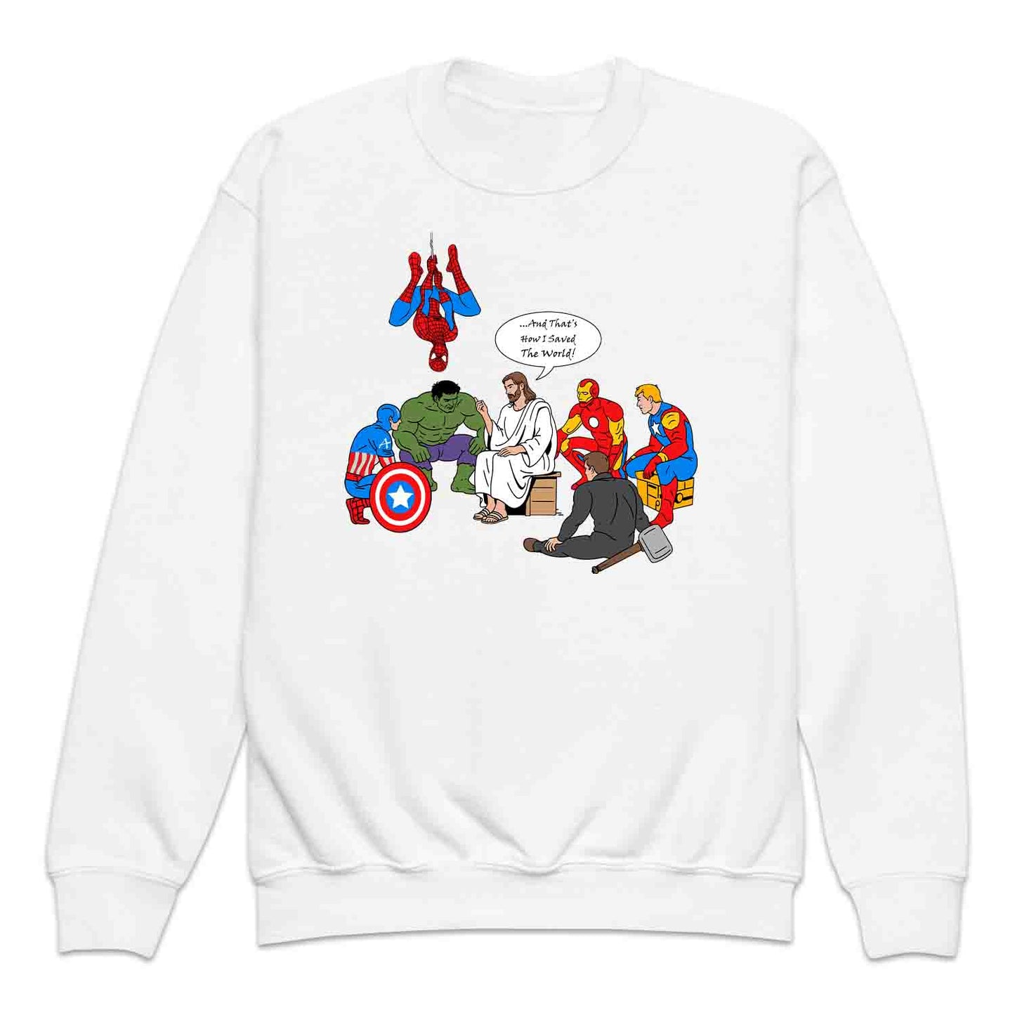 Jesus & Avengers Mashup Kids T-Shirt, Jumper & Hoodie – Christian Marvel Meme Where Faith Meets Fandom with Superhero Humor | PRODUCT CODE: JUDSQAZMLA