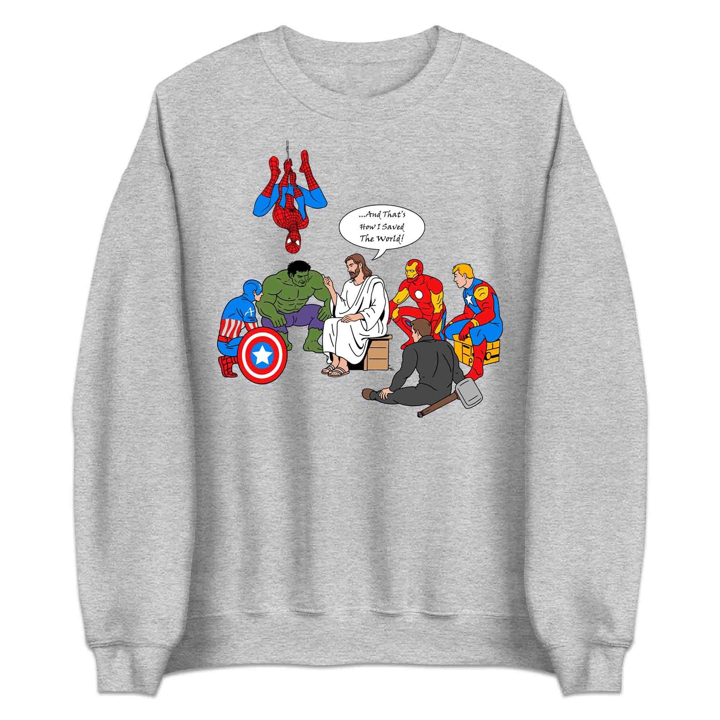 Jesus & Avengers Mashup T-Shirt, Jumper & Hoodie – Christian Marvel Meme Where Faith Meets Fandom with Superhero Humor | PRODUCT CODE: JUDSQAZMLA
