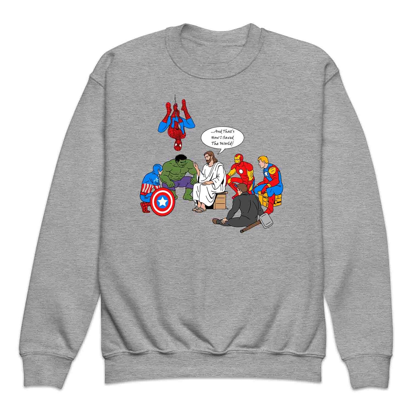 Jesus & Avengers Mashup Kids T-Shirt, Jumper & Hoodie – Christian Marvel Meme Where Faith Meets Fandom with Superhero Humor | PRODUCT CODE: JUDSQAZMLA