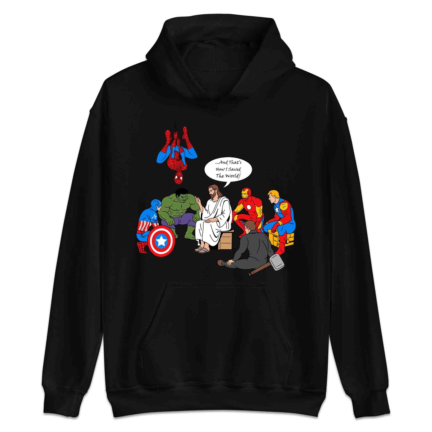 Jesus & Avengers Mashup T-Shirt, Jumper & Hoodie – Christian Marvel Meme Where Faith Meets Fandom with Superhero Humor | PRODUCT CODE: JUDSQAZMLA