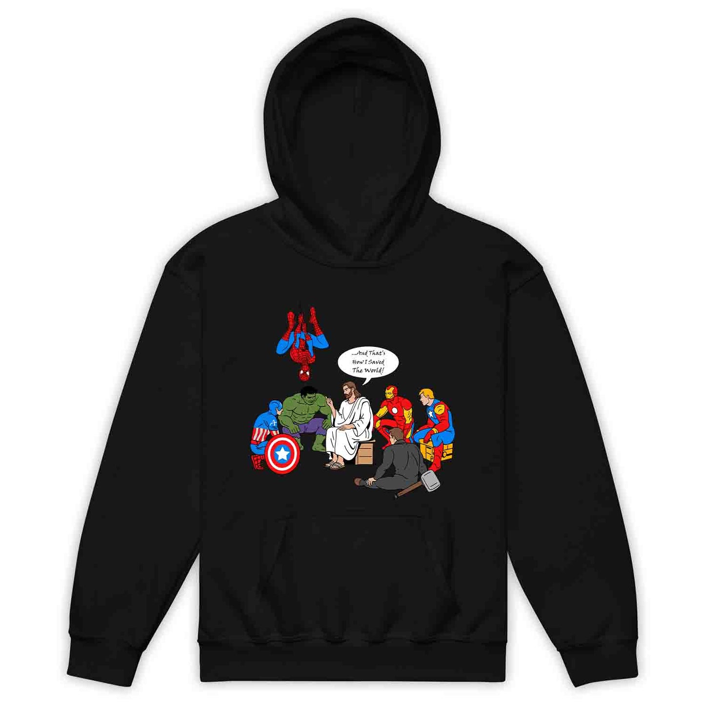Jesus & Avengers Mashup Kids T-Shirt, Jumper & Hoodie – Christian Marvel Meme Where Faith Meets Fandom with Superhero Humor | PRODUCT CODE: JUDSQAZMLA