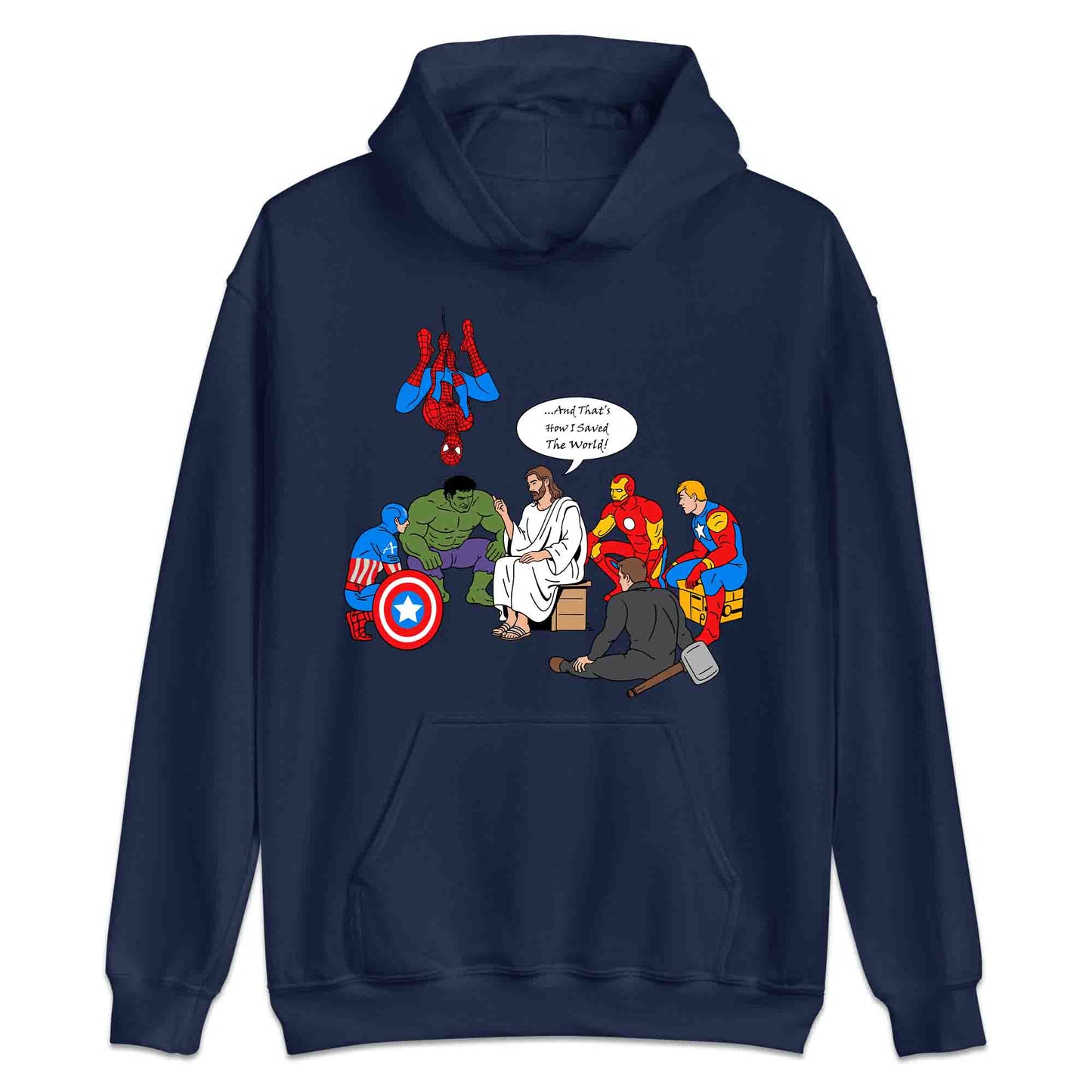 Jesus & Avengers Mashup T-Shirt, Jumper & Hoodie – Christian Marvel Meme Where Faith Meets Fandom with Superhero Humor | PRODUCT CODE: JUDSQAZMLA