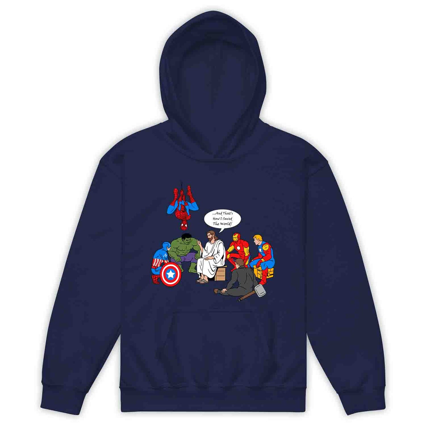 Jesus & Avengers Mashup Kids T-Shirt, Jumper & Hoodie – Christian Marvel Meme Where Faith Meets Fandom with Superhero Humor | PRODUCT CODE: JUDSQAZMLA