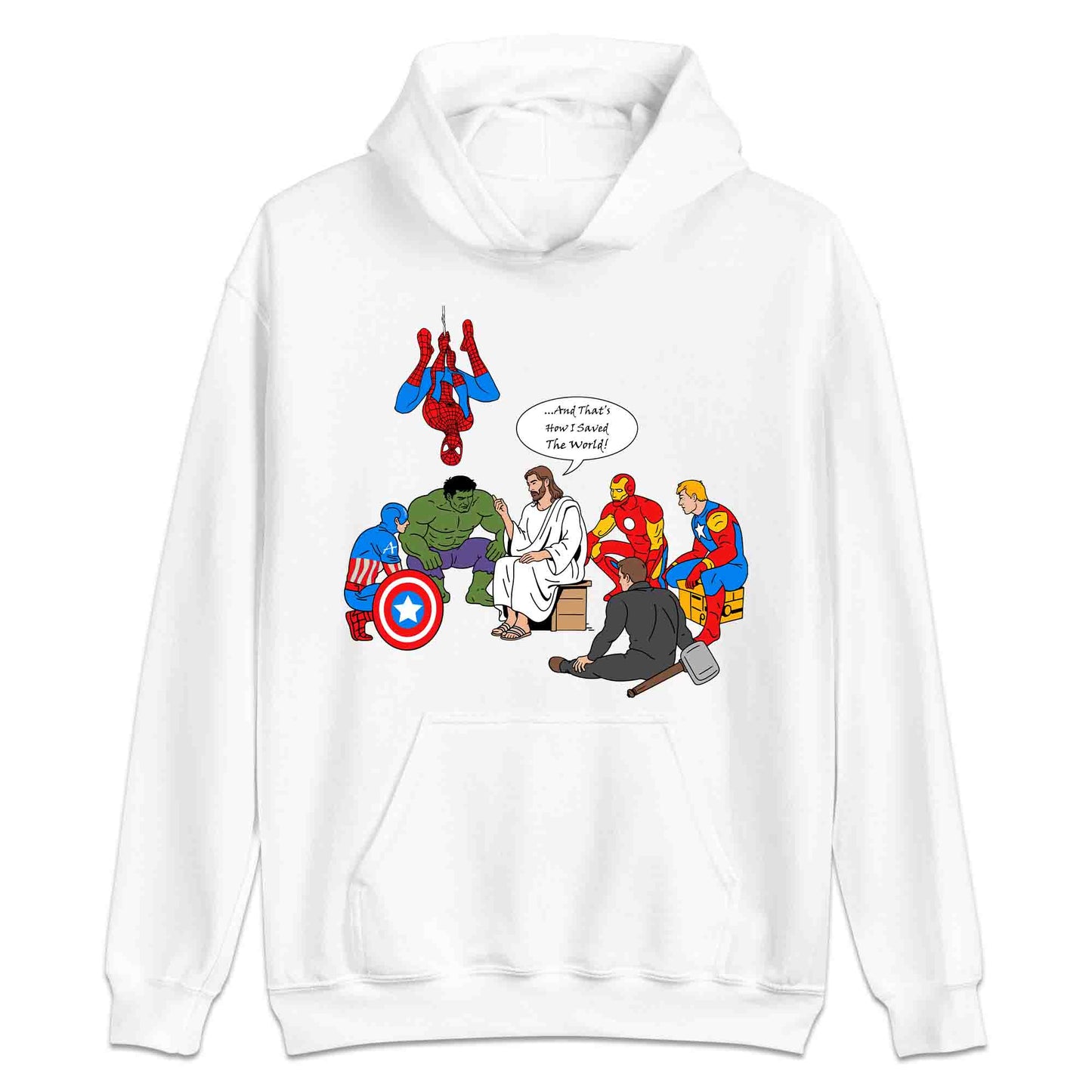 Jesus & Avengers Mashup T-Shirt, Jumper & Hoodie – Christian Marvel Meme Where Faith Meets Fandom with Superhero Humor | PRODUCT CODE: JUDSQAZMLA