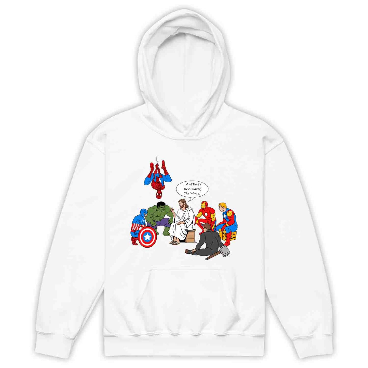 Jesus & Avengers Mashup Kids T-Shirt, Jumper & Hoodie – Christian Marvel Meme Where Faith Meets Fandom with Superhero Humor | PRODUCT CODE: JUDSQAZMLA