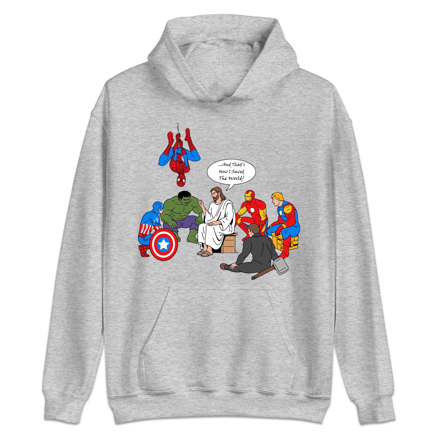 Jesus & Avengers Mashup T-Shirt, Jumper & Hoodie – Christian Marvel Meme Where Faith Meets Fandom with Superhero Humor | PRODUCT CODE: JUDSQAZMLA