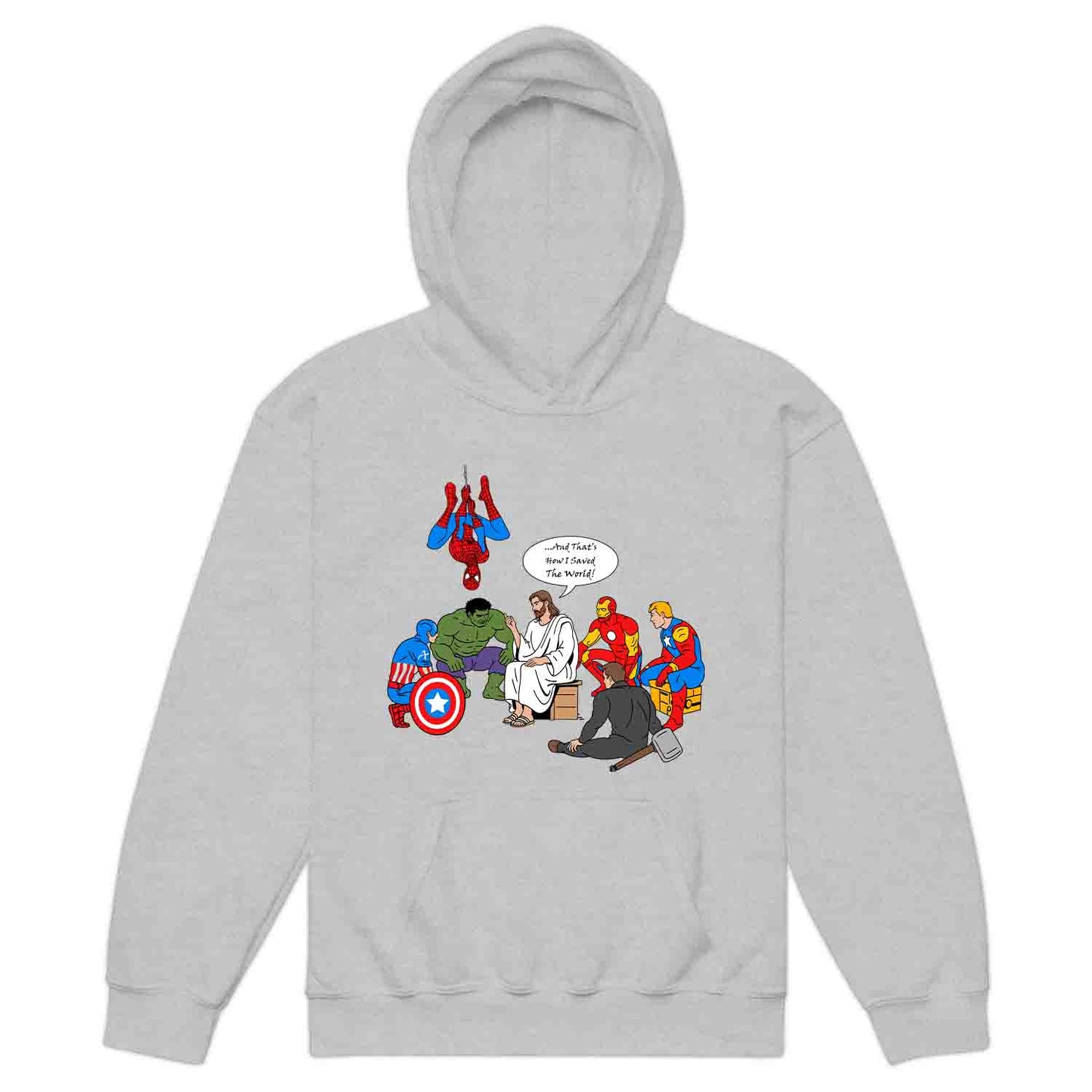 Jesus & Avengers Mashup Kids T-Shirt, Jumper & Hoodie – Christian Marvel Meme Where Faith Meets Fandom with Superhero Humor | PRODUCT CODE: JUDSQAZMLA