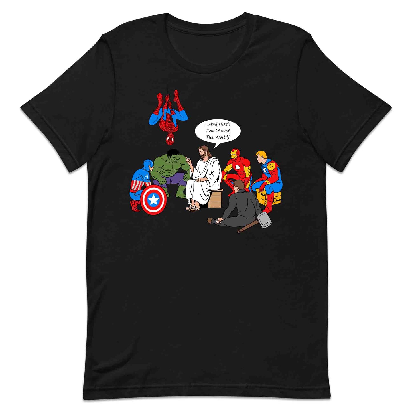 Jesus & Avengers Mashup T-Shirt, Jumper & Hoodie – Christian Marvel Meme Where Faith Meets Fandom with Superhero Humor | PRODUCT CODE: JUDSQAZMLA