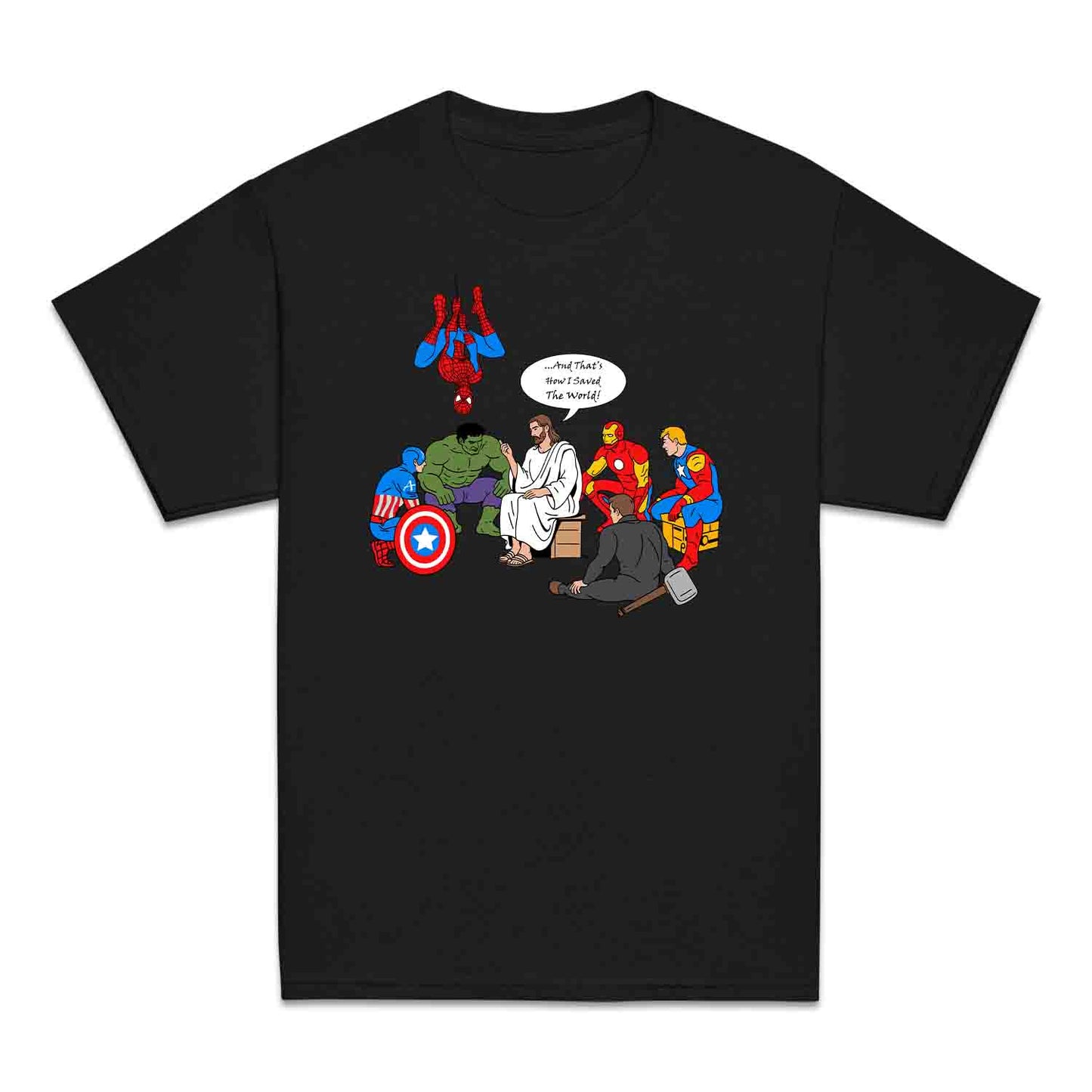 Jesus & Avengers Mashup Kids T-Shirt, Jumper & Hoodie – Christian Marvel Meme Where Faith Meets Fandom with Superhero Humor | PRODUCT CODE: JUDSQAZMLA