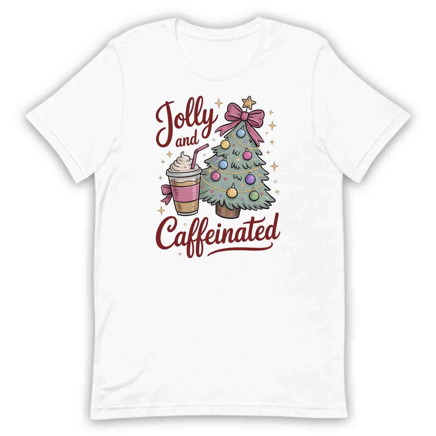 Jolly and Caffeinated Christmas T-Shirt, Festive Coffee Lover Tee, Holiday Latte Humor Shirt | PRODUCT CODE: JYLKDFSBV