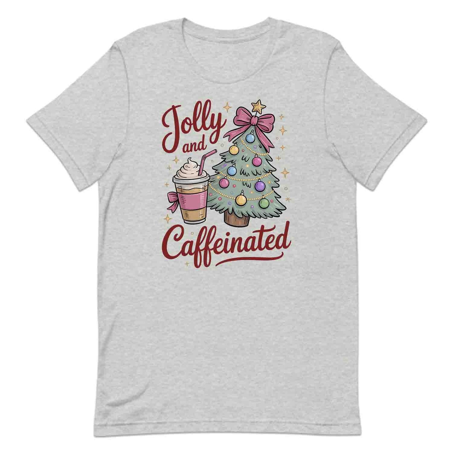 Jolly and Caffeinated Christmas T-Shirt, Festive Coffee Lover Tee, Holiday Latte Humor Shirt | PRODUCT CODE: JYLKDFSBV