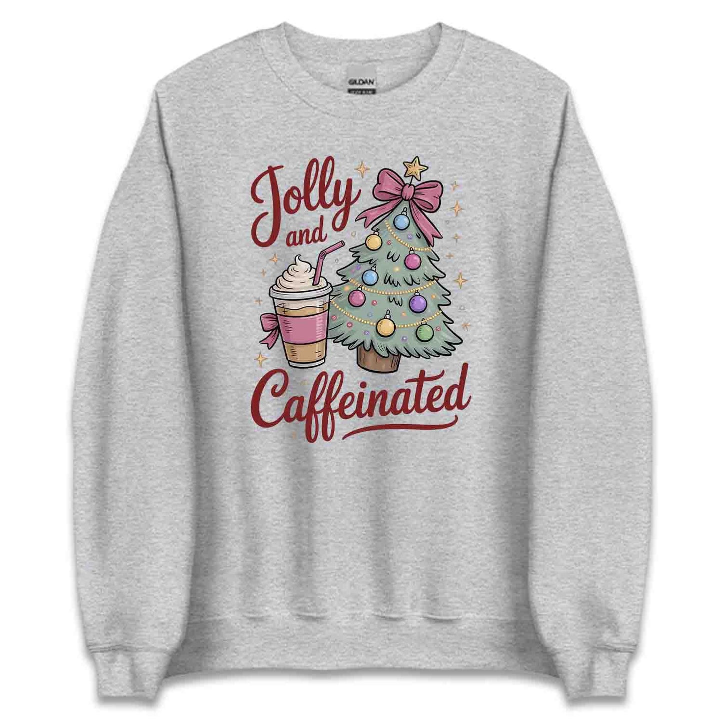 Jolly and Caffeinated Christmas T-Shirt, Festive Coffee Lover Tee, Holiday Latte Humor Shirt | PRODUCT CODE: JYLKDFSBV