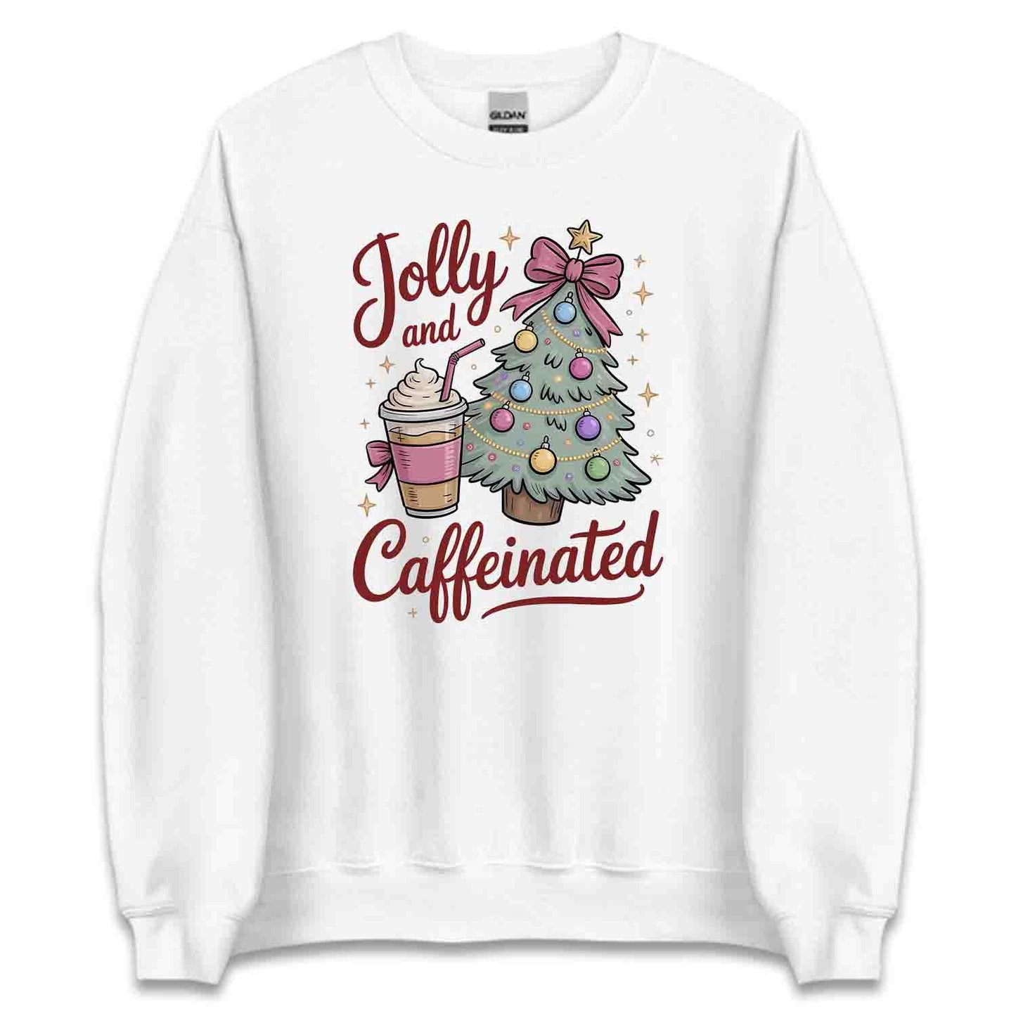 Jolly and Caffeinated Christmas T-Shirt, Festive Coffee Lover Tee, Holiday Latte Humor Shirt | PRODUCT CODE: JYLKDFSBV