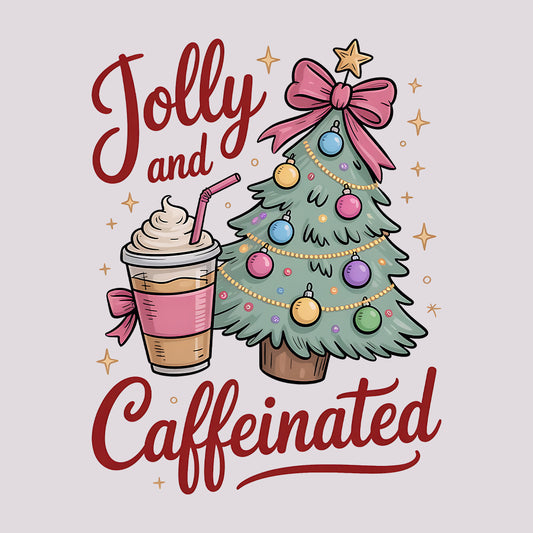 Jolly and Caffeinated Christmas T-Shirt, Festive Coffee Lover Tee, Holiday Latte Humor Shirt | PRODUCT CODE: JYLKDFSBV
