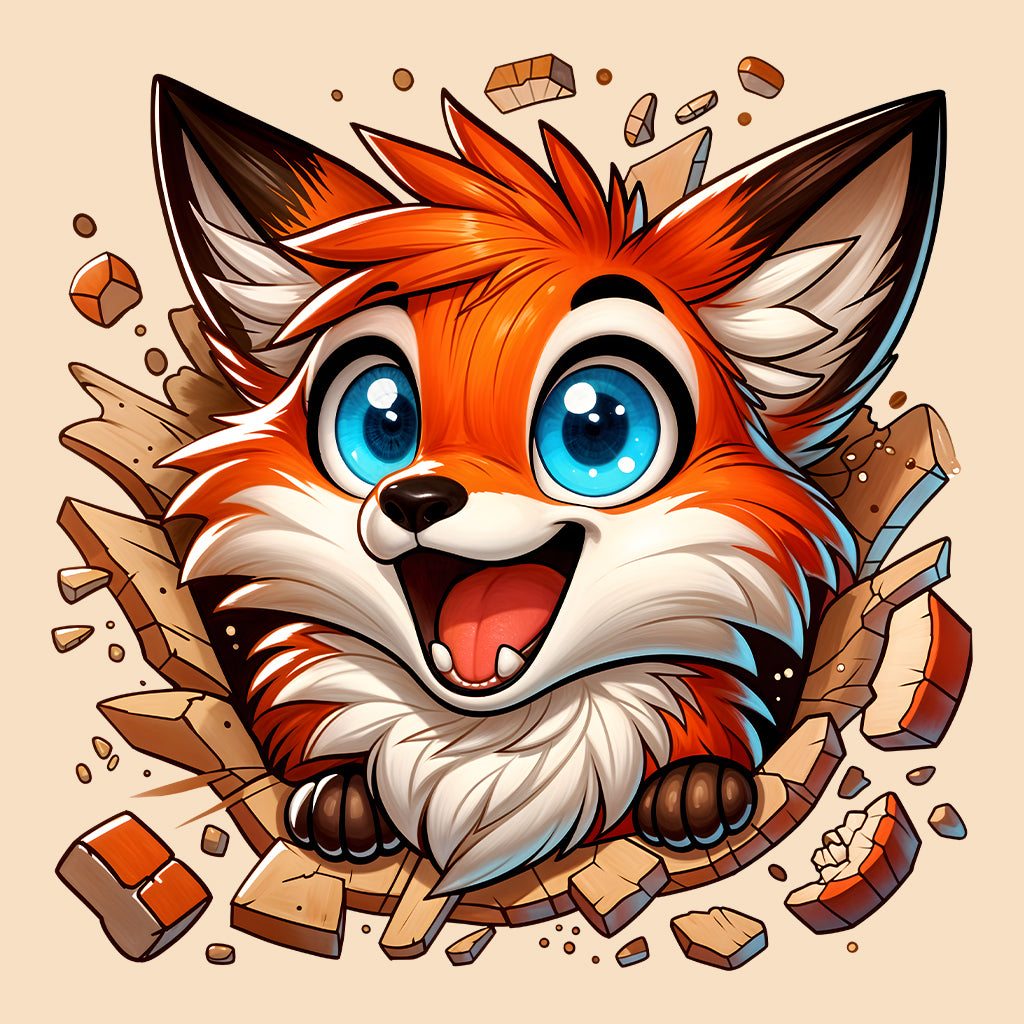 Kawaii Fox Breaking Through Brick Wall 3D Realistic Blue-Eyed Happy Fox | PRODUCT CODE: KWAFXOBRKNF