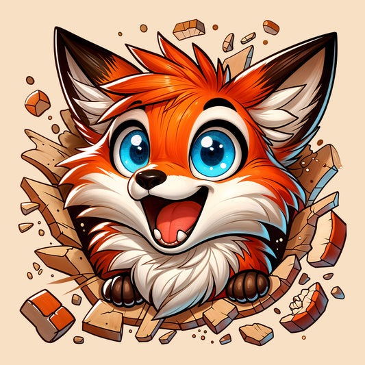 Kawaii Fox Breaking Through Brick Wall 3D Realistic Blue-Eyed Happy Fox | PRODUCT CODE: KWAFXOBRKNF